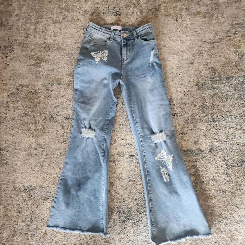 Y2K 90s • Distressed • Low Rise Butterfly Flare Jeans • Denim Diva Junior 12